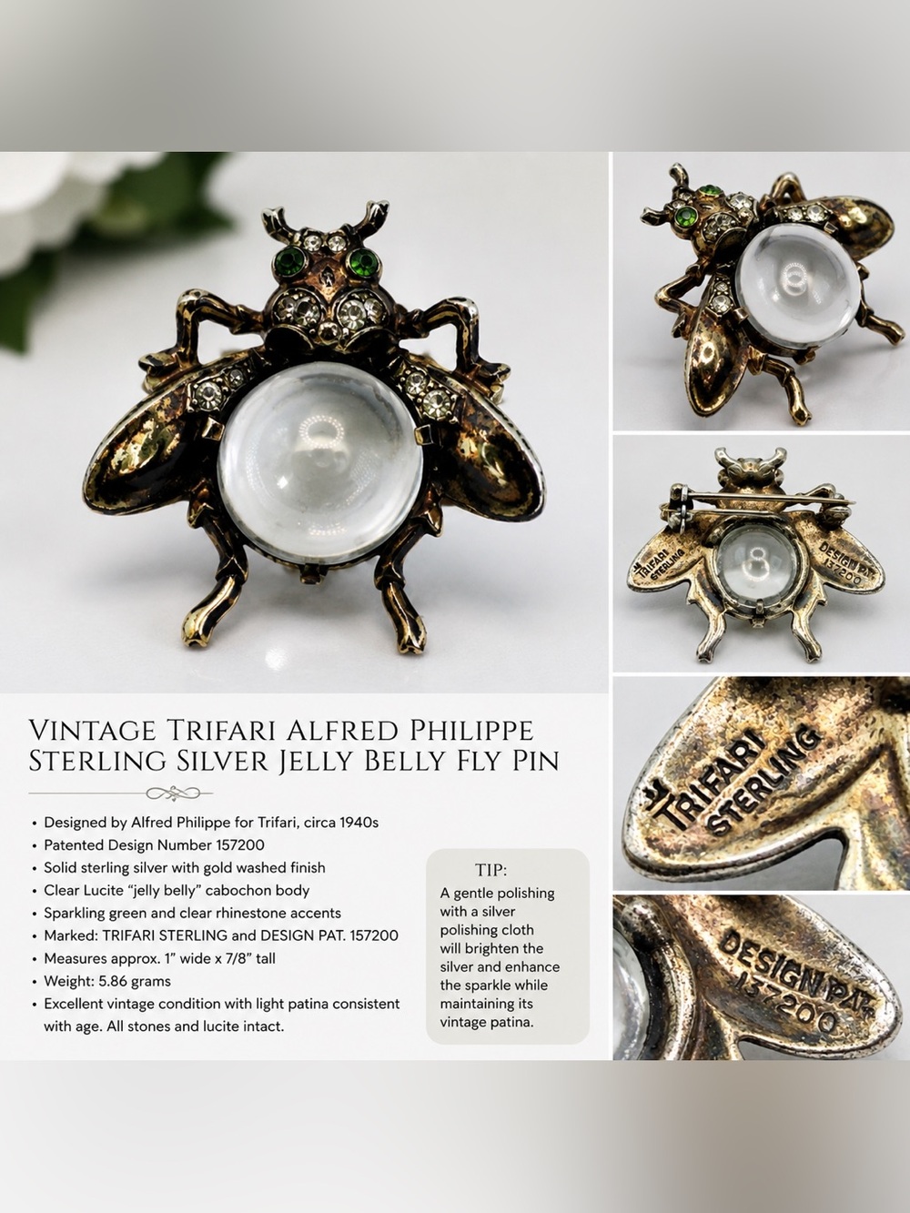 Trifari Gold-Tone Fly Brooch with Clear Cabochon and Green Rhinestones